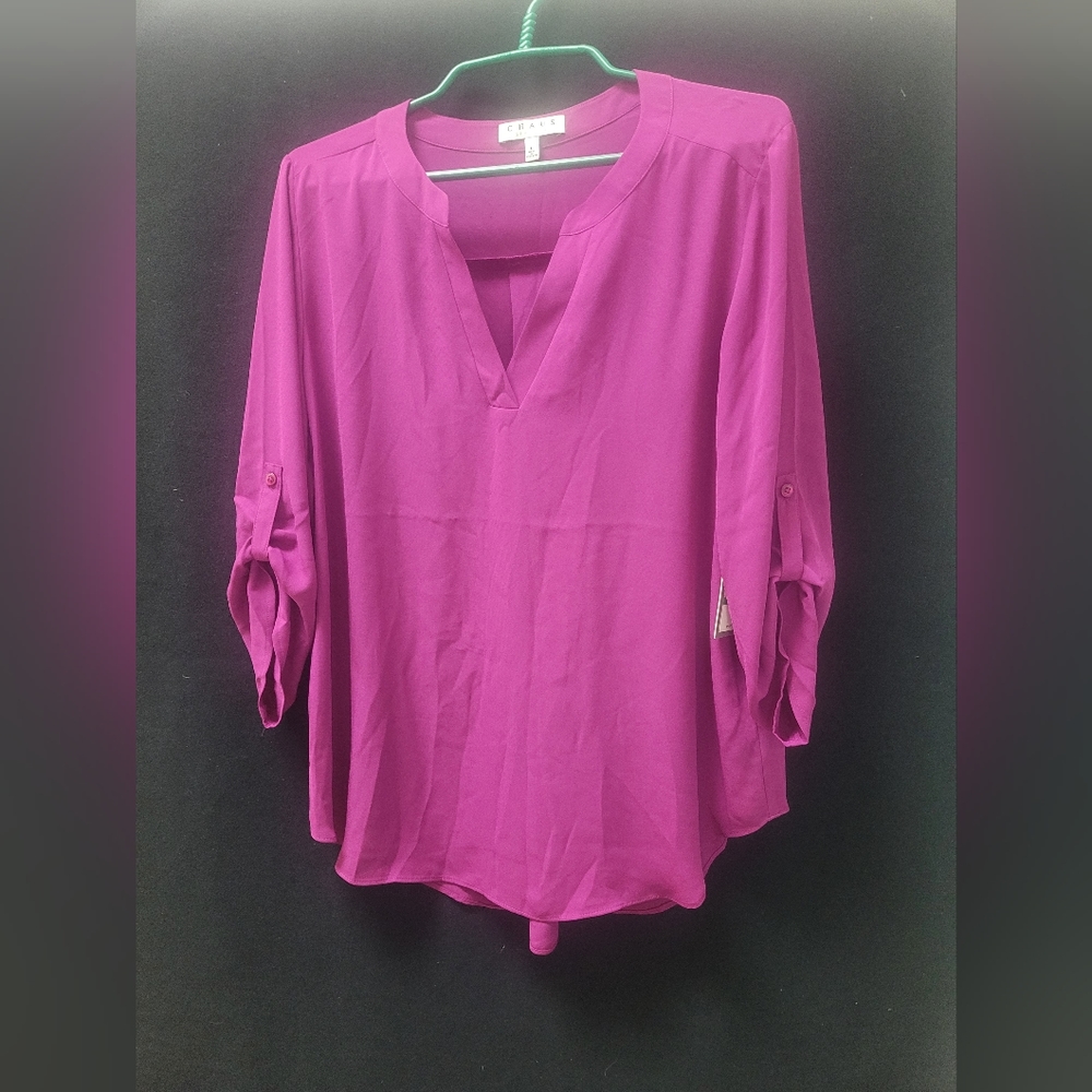 Chaus New York 3/4 Sleeves Button Accent Purple Knit V Neck Blouse W/L NWT